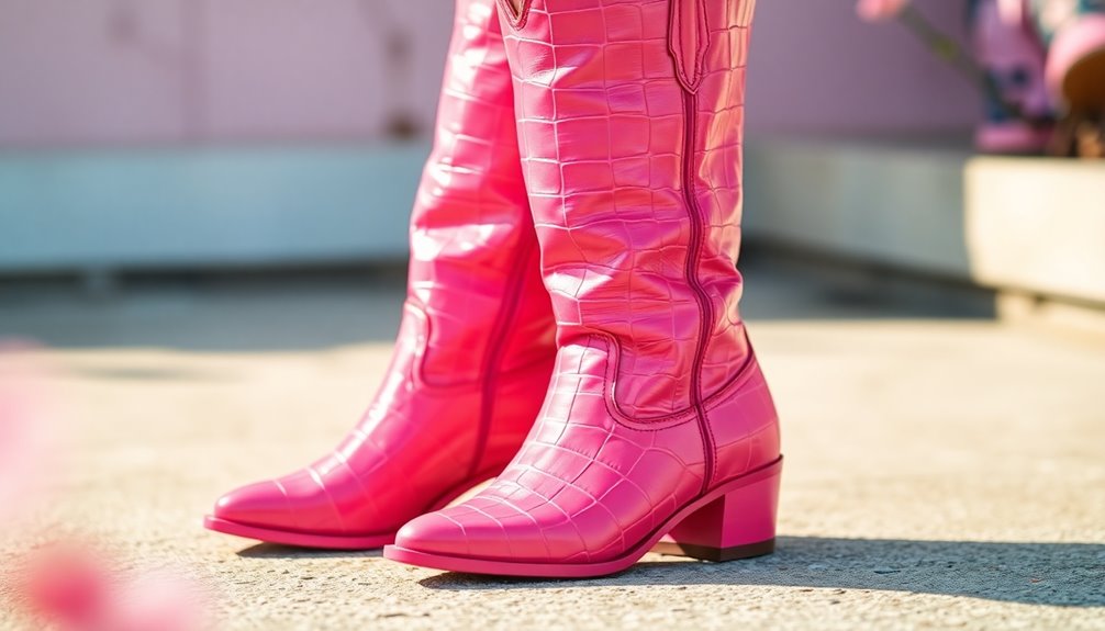 pink crocodile embossed leather boots