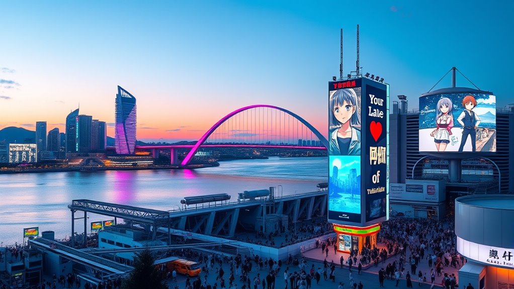 futuristic skyline and landmarks