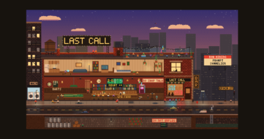 Last Call: a pixel-art cutaway of a corner bar with a rooftop party at dusk