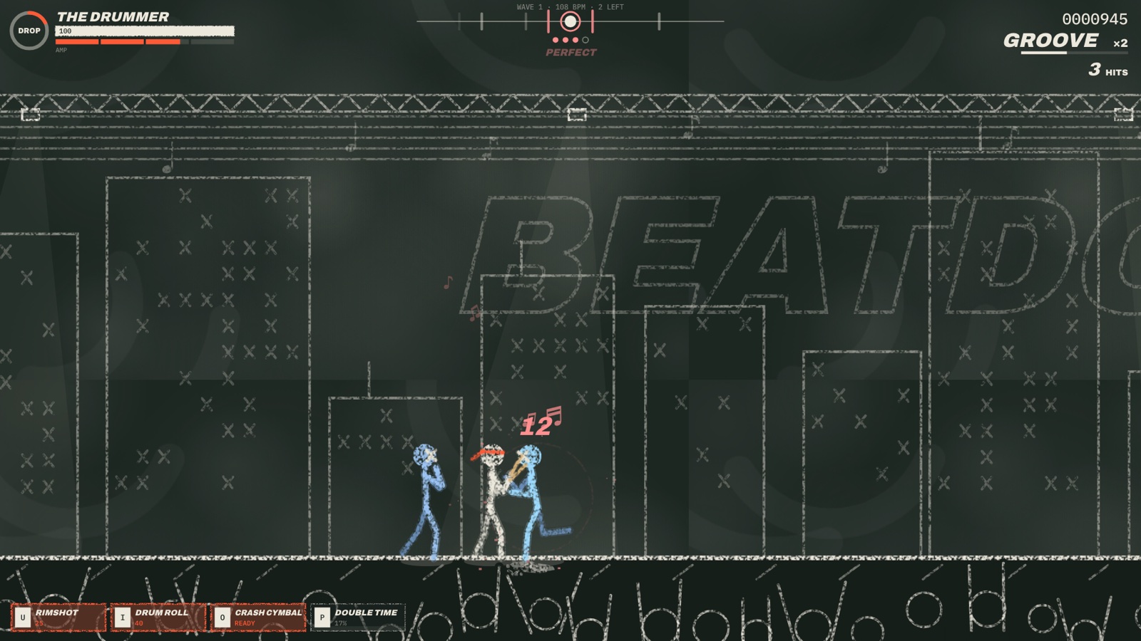 Chalk stick-figure drummer landing an on-beat hit on a blue chalk enemy, musical notes flying