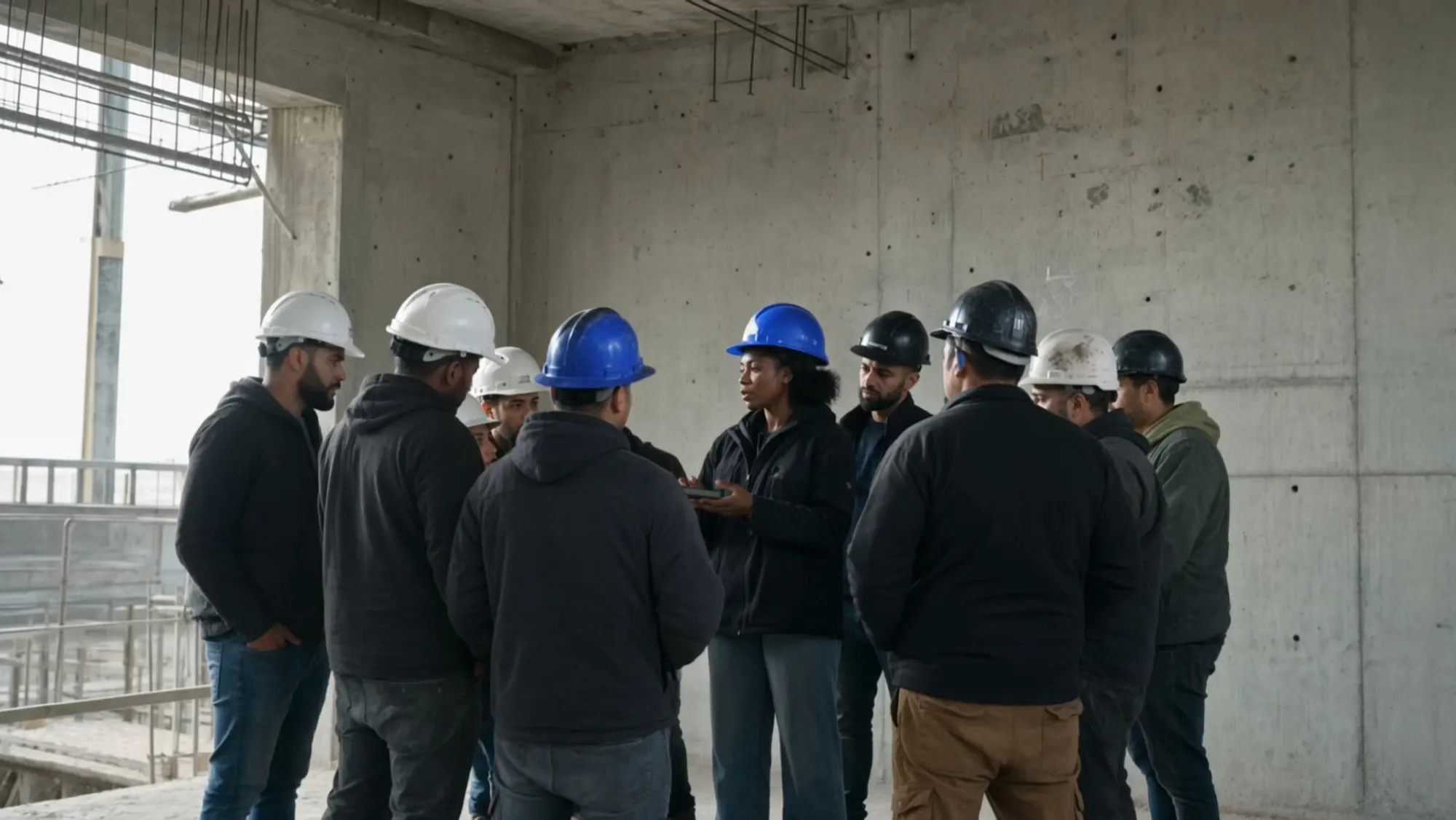 AI-generated scene for the Americas region: a site manager in a blue helmet holds a tablet and briefs a mixed crew in white, blue and black helmets on an upper floor of a concrete building